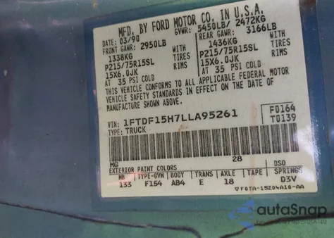 1990 Ford F150 из США, поврежденный, VIN 1FTDF15H7LLA95261